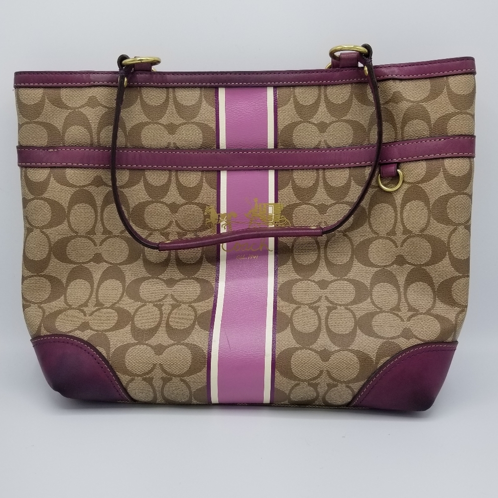 Coach Heritage Strip Tote Handbag in Berry 12358